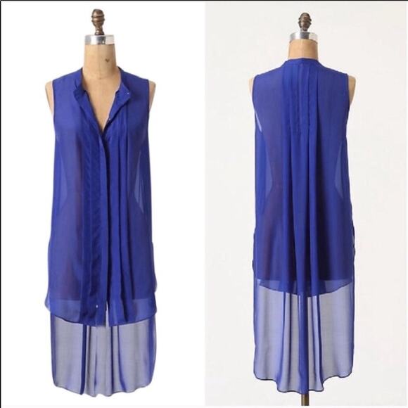 ANTHROPOLOGIE Leifnotes Klara Blue Sheer Silk High Low Button Tank Top Blouse 0 - Picture 1 of 8